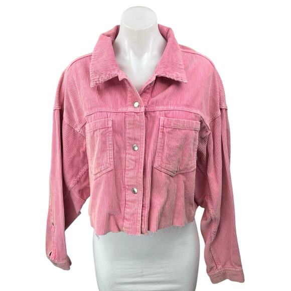 NEW Urban Outfitters BDG Pink Corduroy Button Up Crop Shirt Shacket Jacket Top L - Picture 1 of 4